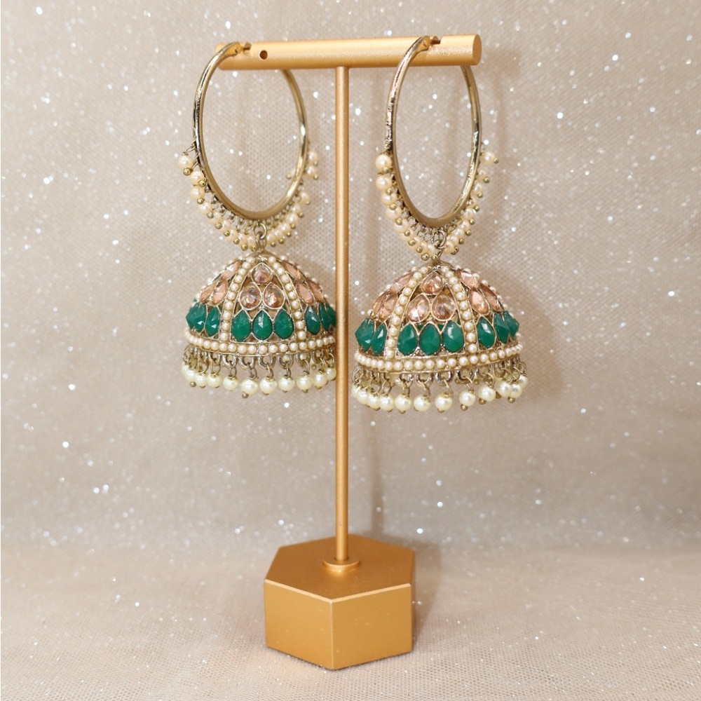 Elegant Gold and Green Jhumka Earrings